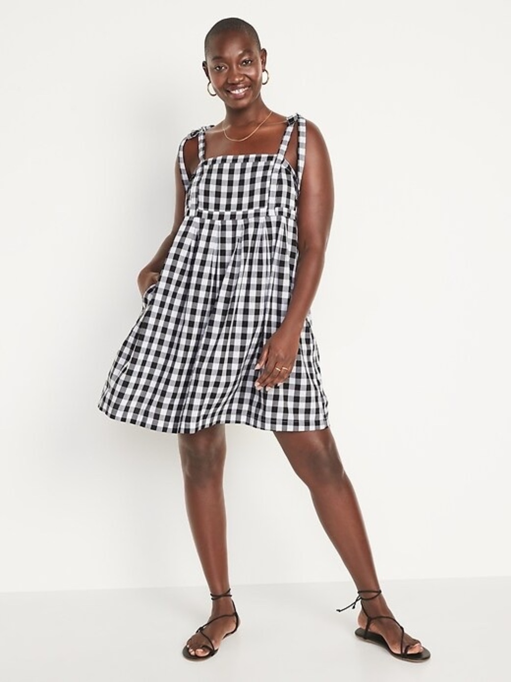 Old Navy Black & White Gingham Tie-Strap Mini Dress